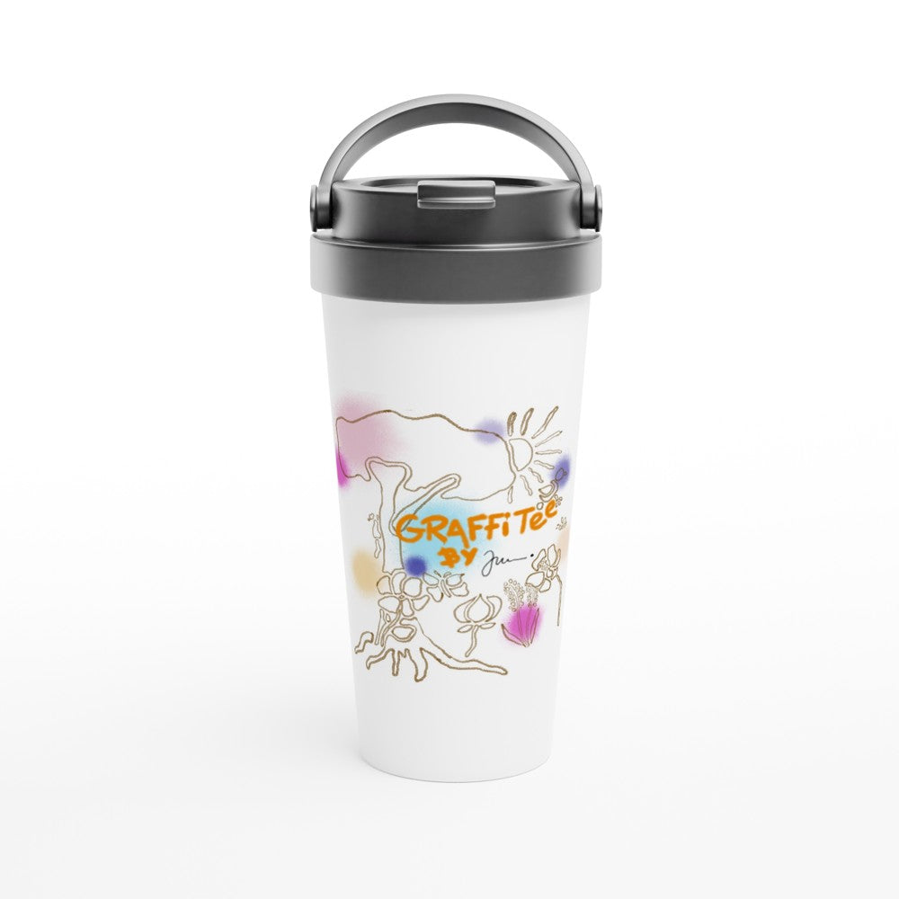 stainless steel travel coffee thermo mug abstract art colourful logo
